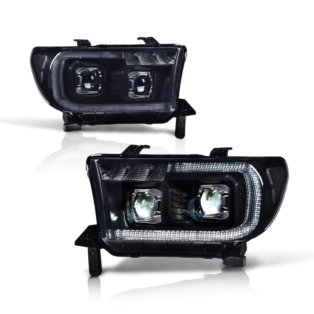 G-PLUS LED Tube Headlights Projector Assembly Compatible with Toyota Tundra 2007-2013, Fit Toyota Sequoia 2008-2017 Left & Right Headlamps, Smoky Lens Black Housing Clear Reflector, TO2502171