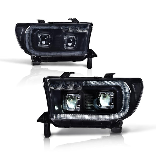G-PLUS LED Tube Headlights Projector Assembly Compatible with Toyota Tundra 2007-2013, Fit Toyota Sequoia 2008-2017 Left & Right Headlamps, Smoky Lens Black Housing Clear Reflector, TO2502171