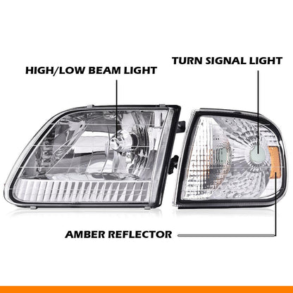 G-PLUS Headlights w/Bulbs, Compatible with Ford Expedition 1997-2002/Fit Ford F150 1998-2003/Fit F250 1997-1999 Bumper Headlamps Left &Right Clear lens Chrome Housing Amber Reflector