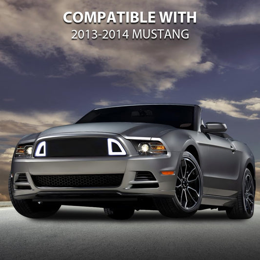 G-PLUS Honeycomb Mesh Front Bumper Upper Grill Compaitble with Ford Mustang 2013-2014 (Except Shelby) Upper Hood Grille With DRL LED Yellow Turn Signal Clear Lens ABS
