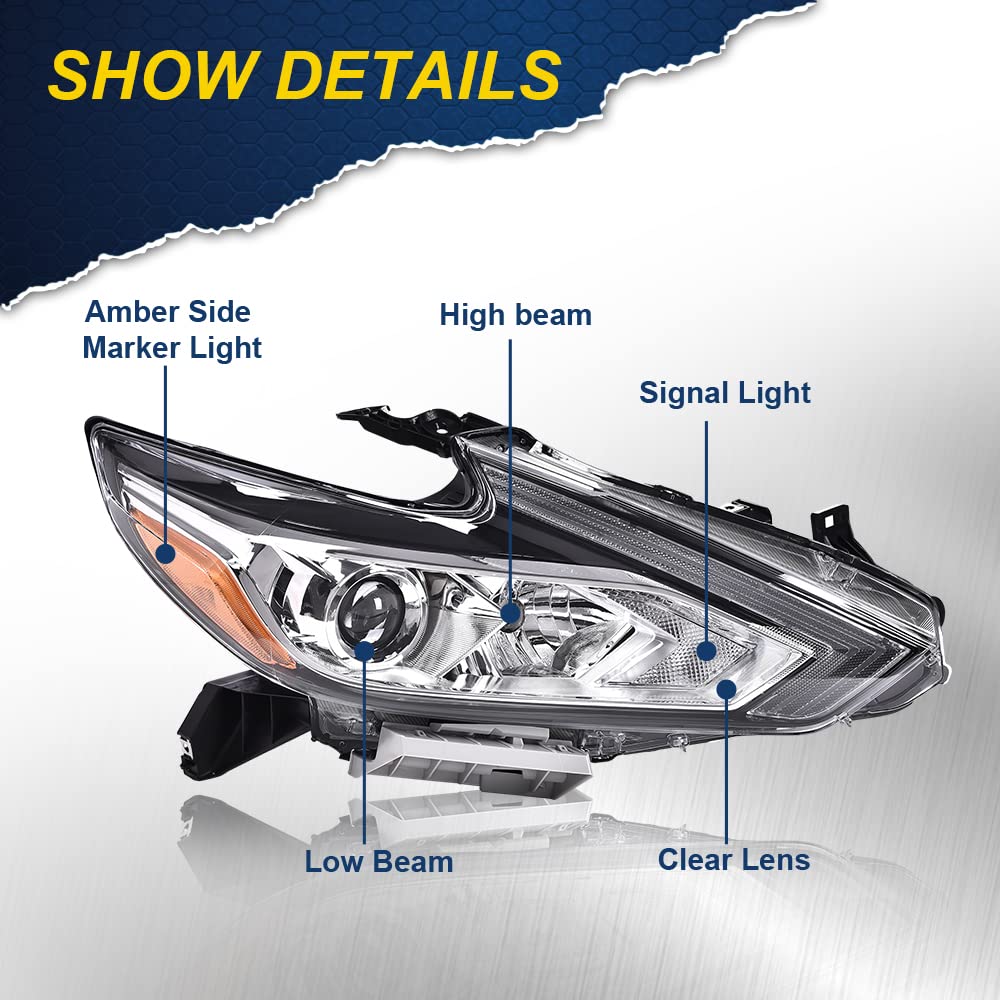 G-PLUS Headlights, Fit 2016-2018 Nissan Altima 4-Door Sedan,(Compatible w/o LED Halogen Headlight),Automotive Halogen Type Headlamps Chrome Housing,Passenger Side (Right),faros delanteros
