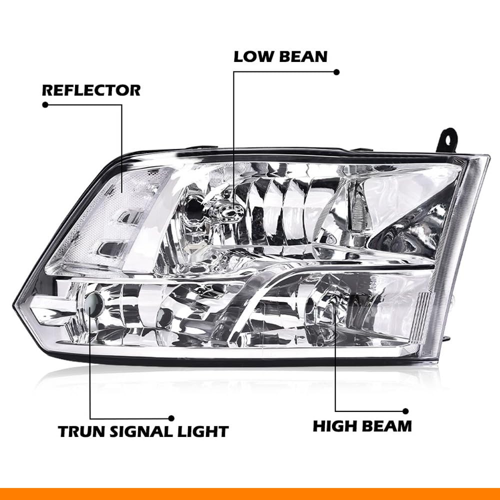 G-PLUS Headlights Assembly Compatible with Dodge Ram 1500 2500 3500 2009-2012 (New Body), Only Fit Factory Quad, Clear Lens Chrome Housing Clear Reflector, faros delanteros