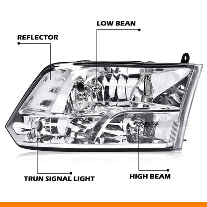 G-PLUS Headlights Assembly Compatible with Dodge Ram 1500 2500 3500 2009-2012 (New Body), Only Fit Factory Quad, Clear Lens Chrome Housing Clear Reflector, faros delanteros