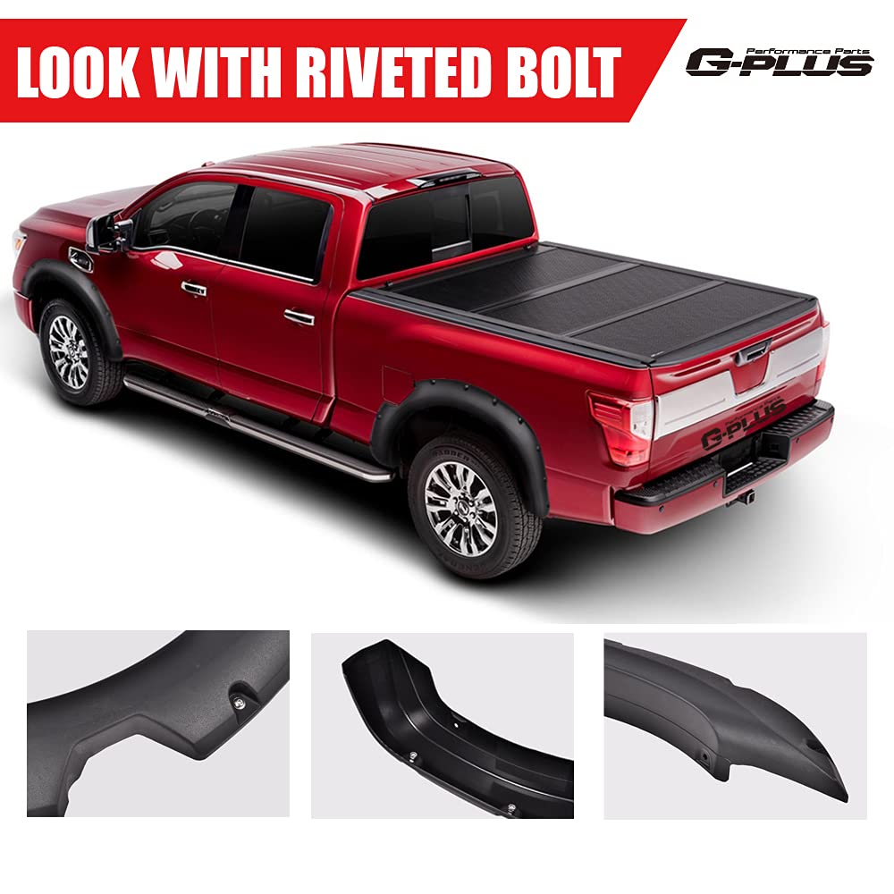 G-PLUS 4pcs Fender Flares Front & Rear Smooth, Compatible with Nissan Titan 2004-2015 Without Bedside Lockbox, Black Wheel Cover Protector, Pocket Rivet Bolt Style Vent Trim