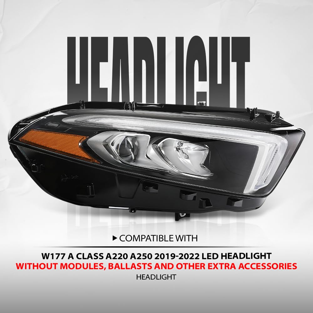 G-PLUS LED Headlight Right Side Compatible with Benz W177 A Class A220 A250 2019 2020 2021 2022 LED Headlight Without modules, ballasts and other extra accessories A1779066001, A1779061603 Black