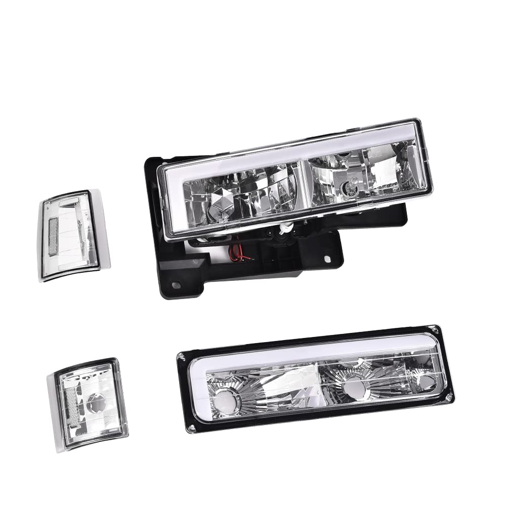 G-PLUS LED DRL headlights, Compatible with 1994 1995 1996 1997 1998 1999 GMC C1500 K1500 Yukon bumper Headlamp, Clear lens Chrome Housing Clear Reflector