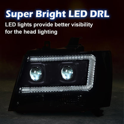 G-PLUS LED Headlights Assembly Fit Chevy Tahoe Avalanche Subarban 1500 2500 2007-2014 DRL Corner Turn Signal Headlamps Set Pair Left & Right Smoky Lens Black Housing Amber Reflector,faros delanteros