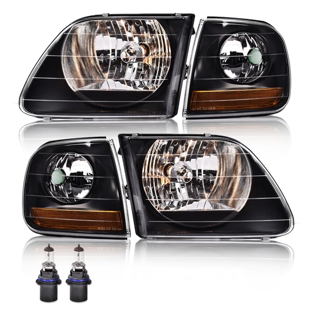 G-PLUS Headlights Assembly,Compatible with Ford F150 1998-2003,Fit Ford Expedition 1997-2002,/Fit Ford F250 1988-1999,Bumper Headlamps faros delanteros,Clear lens Black Housing Amber Reflector