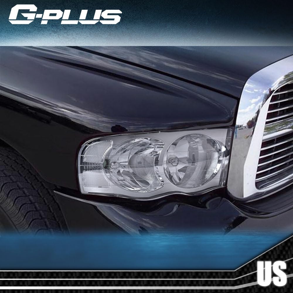G-PLUS Headlights Assembly Fit 2002-2005 Dodge Ram 1500 2500 3500 Bumper Headlamp Smoky lens Chrome Housing Clear Reflector