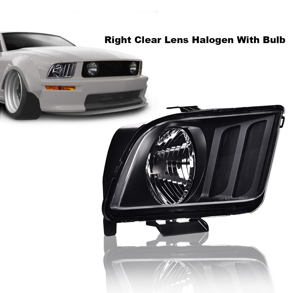 G-PLUS Headlight Compatible with Ford Mustang 2005-2009 Halogen Right Passenger Side Clear Lens Black Housing Clear ReflectorBumper Headlamps,faros delanteros