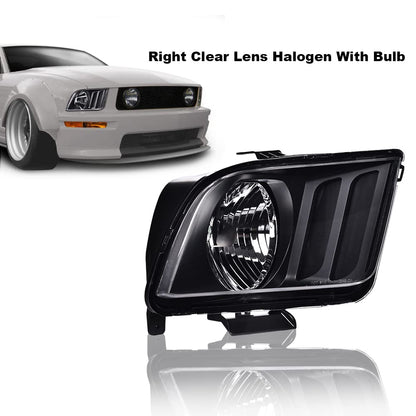 G-PLUS Headlight Compatible with Ford Mustang 2005-2009 Halogen Right Passenger Side Clear Lens Black Housing Clear ReflectorBumper Headlamps,faros delanteros