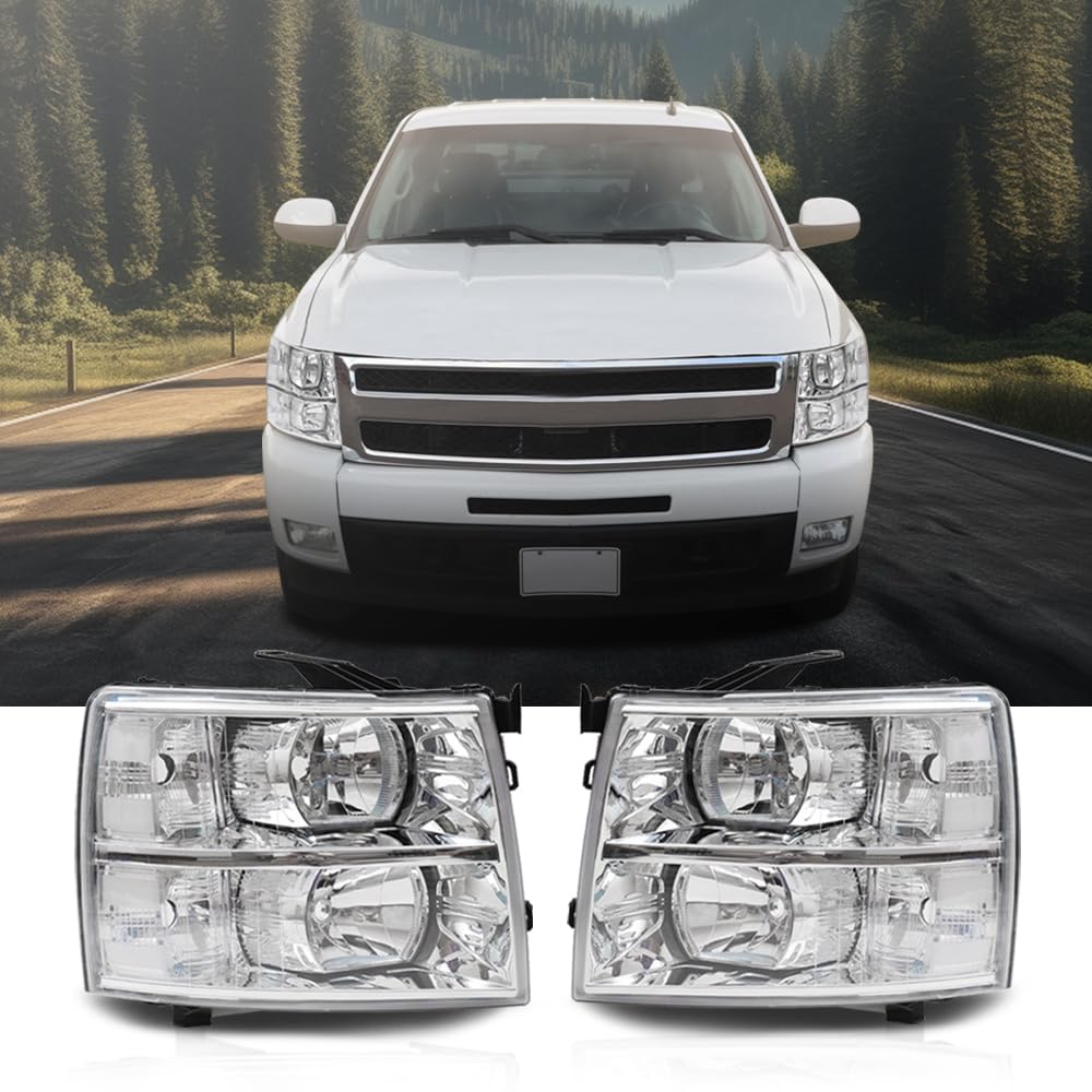 G-PLUS Headlights Assembly, Fit Chevy Silverado 2007-2013,Fit Silverado 2500 3500 & HD 2007-2014 Clear Lens Chrome Housing Clear Reflector,faros delanteros