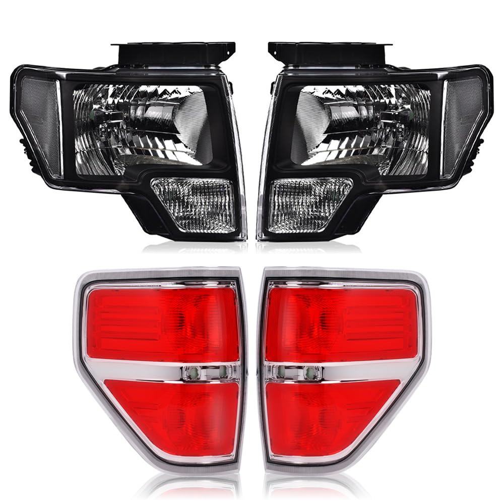 G-PLUS Driver and Passenger Side Headlights & Tail lights Compatible with Ford F150 2009-2014 (Clear Lens Black Housing Clear Reflector Headlights + Tail lights)