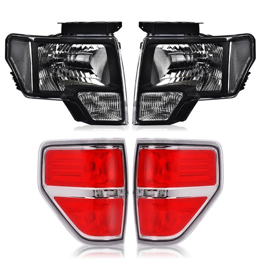 G-PLUS Driver and Passenger Side Headlights & Tail lights Compatible with Ford F150 2009-2014 (Clear Lens Black Housing Clear Reflector Headlights + Tail lights)