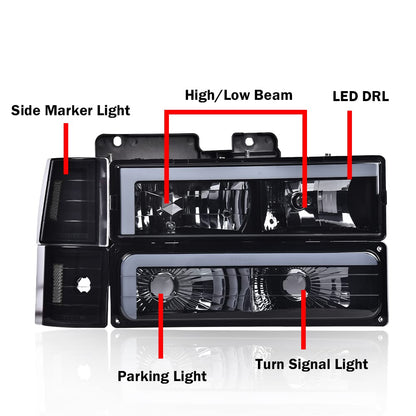 G-PLUS LED DRL headlights, Compatible with 1994 1995 1996 1997 1998 1999 2000 GMC C10 C/K C1500 bumper Headlamp, Smoky lens Black Housing Clear Reflector