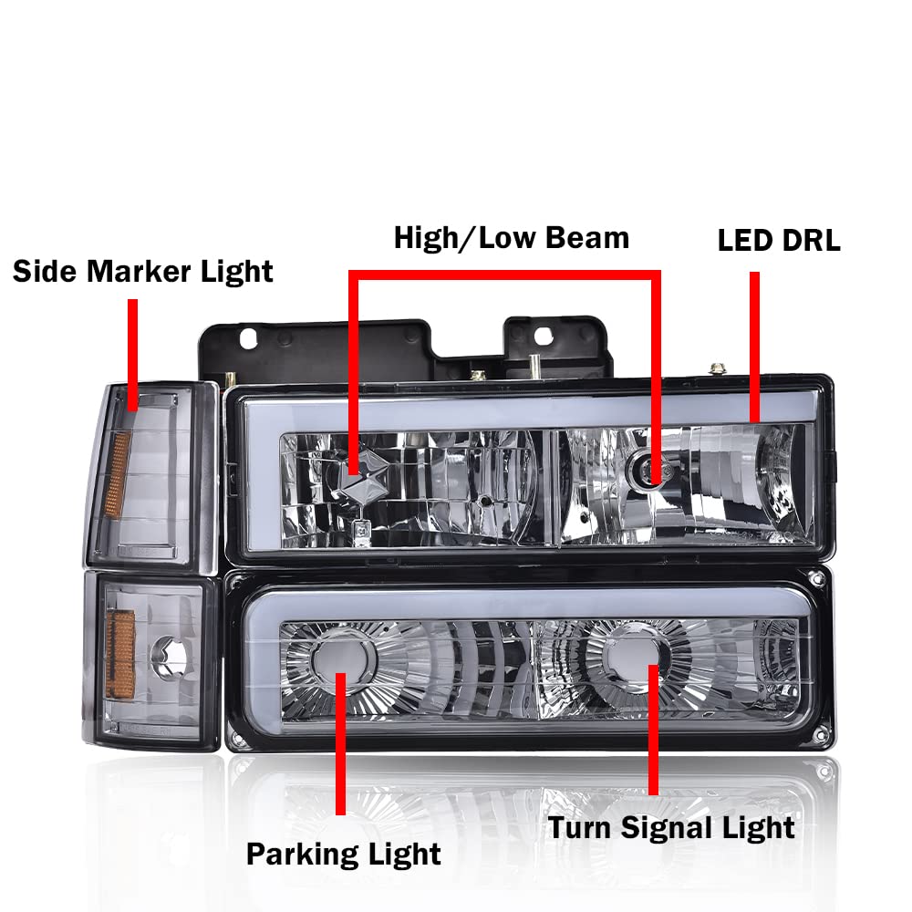 G-PLUS LED DRL headlights, Compatible with 1994 1995 1996 1997 1998 1999 2000 GMC C10 C/K C1500 bumper Headlamp, Smoky lens Chrome Housing Amber Reflector