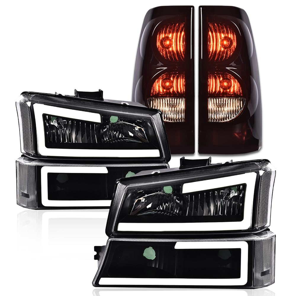 G-PLUS LED DRL Headlights Assembly + Tail Lights Fit Chevy Silverado 1500 1500 HD 2500 2500 HD 2003-2006, Clear Lens Black Housing Clear Reflector Headlamps Assembly Dark Red Taillights