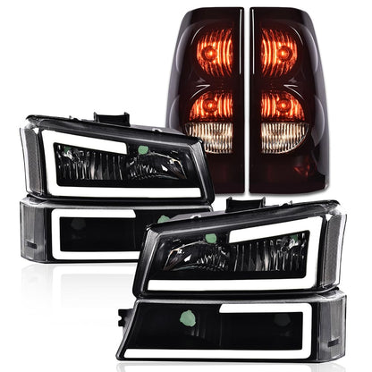 G-PLUS LED DRL Headlights Assembly + Tail Lights Fit Chevy Silverado 1500 1500 HD 2500 2500 HD 2003-2006, Clear Lens Black Housing Clear Reflector Headlamps Assembly Dark Red Taillights