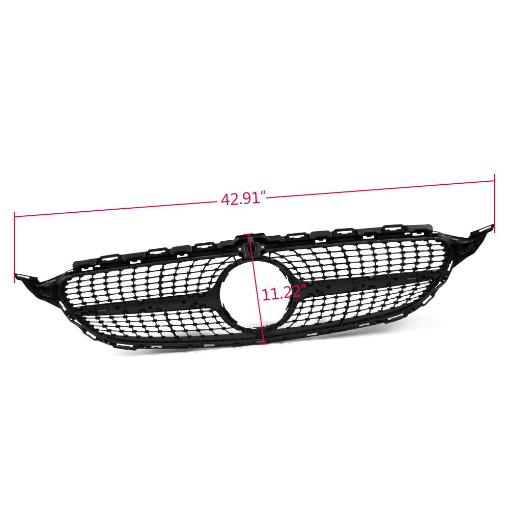 Diamond Style Front Bumper Grille Hood Grill Trim Shell Compatible with W205 C Class C250 C300 C400 C450 AMG Sport 2015 2016 2017 2018 (With Camera Hole)