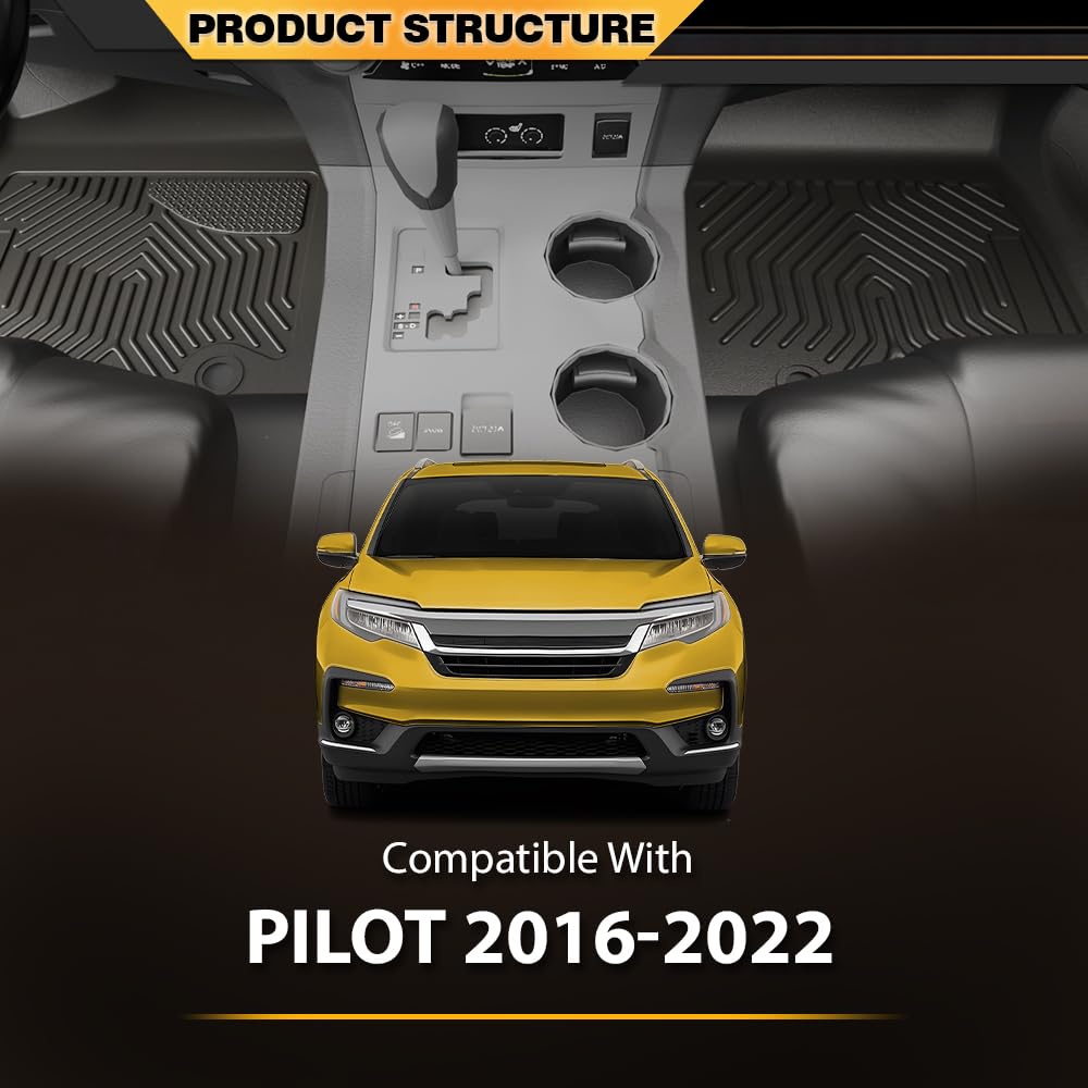 G-PLUS TPE Floor Liners, Compatible with Honda Pilot Sedan & Hatchback Coupe 8 Passenger Models 2016-2022, 1st & 2nd & 3rd Row Cargo Liner Accessories, 4PCS Black