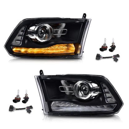 G-PLUS LED Projector Headlights Assembly Compatible with Dodge Ram 1500 2500 3500 2009-2012,Left & Right Pair Headlight Clear Lens Black Housing Clear Reflector,Front Headlamp Bar Plank Style