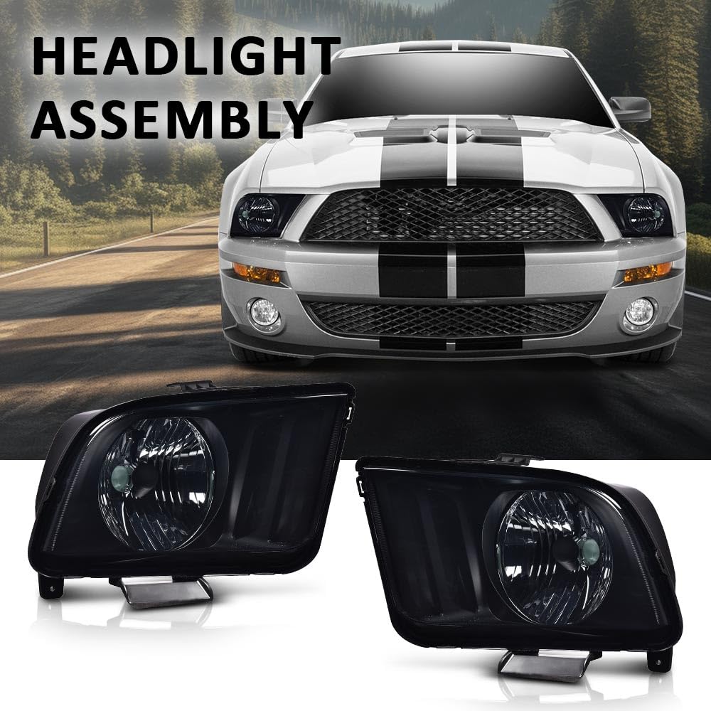 G-PLUS Headlights Assembly, Compatible with Ford Mustang 2005 2006 2007 2008 2009 Bumper Headlamps, Left & Right Smoky Lens Black Housing Amber Reflector