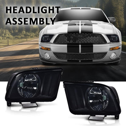 G-PLUS Headlights Assembly, Compatible with Ford Mustang 2005 2006 2007 2008 2009 Bumper Headlamps, Left & Right Smoky Lens Black Housing Amber Reflector