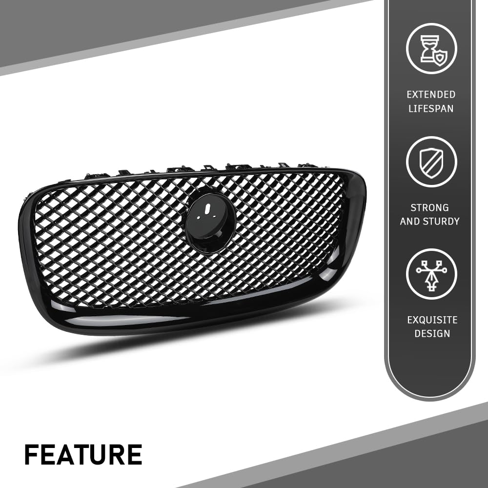 G-PLUS Front Center Upper Mesh Grille W/Emblem Compatible with Jaguar XF XFR 2012-2015 Gloss Black Grill