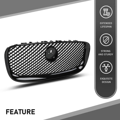 G-PLUS Front Center Upper Mesh Grille W/Emblem Compatible with Jaguar XF XFR 2012-2015 Gloss Black Grill