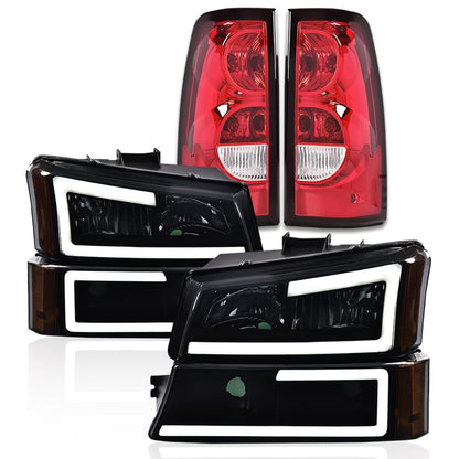 G-PLUS LED DRL Headlights Assembly & Tail Lights Fit Chevy Silverado 1500 1500 HD 2500 2500 HD 2003-2006, Smoky Lens Black Housing Amber Reflector Headlamps Assembly Red Taillights