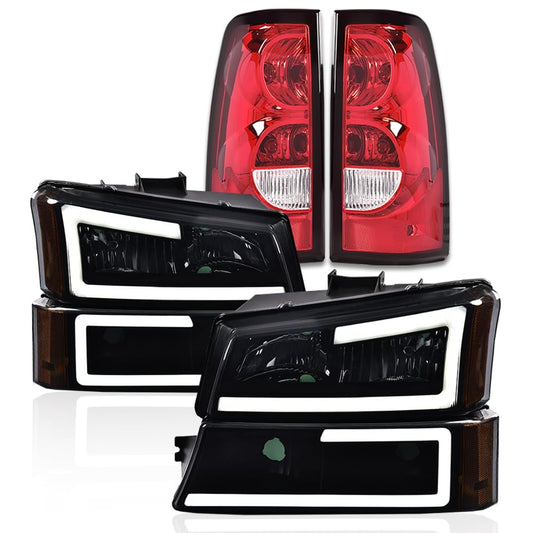 G-PLUS LED DRL Headlights Assembly & Tail Lights Fit Chevy Silverado 1500 1500 HD 2500 2500 HD 2003-2006, Smoky Lens Black Housing Amber Reflector Headlamps Assembly Red Taillights