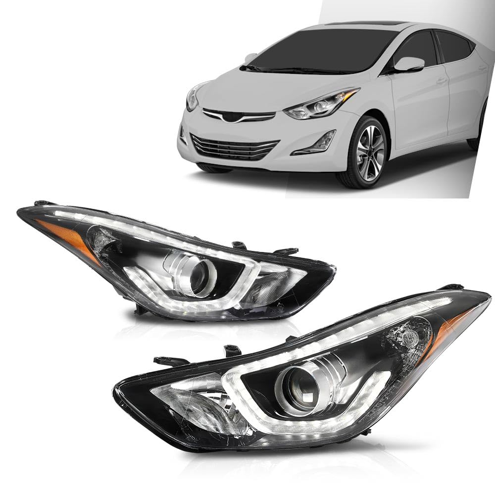 G-PLUS LED Projector DRL Headlights Left & Right Fit Hyundai Elantra 2014 2015 2016 Headlamps Assembly, Clear Lens Black Housing Amber Reflector, faros delanteros