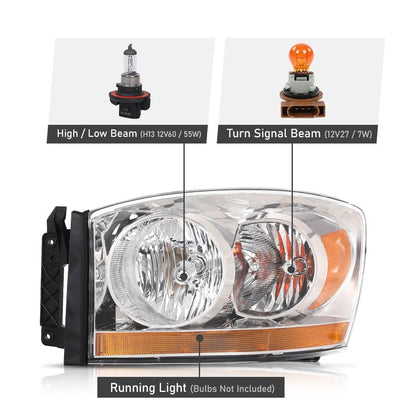 G-PLUS Headlights Assembly w/Bulbs Light Bar Left Driver Side Compatible with Dodge Ram 1500 2006-2008/Fit Dodge Ram 2500 3500 2006-2009 Clear Lens Chrome Housing Amber Reflector 55077795AB CH2518114