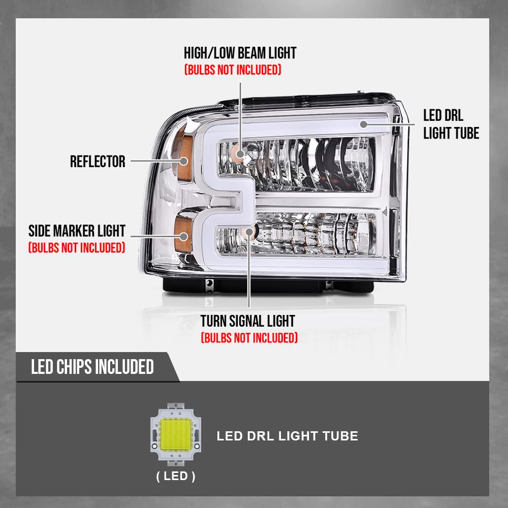 G-PLUS LED DRL Headlight Assembly Compatible with Ford F250 F350 F450 F550 Super Duty 05-07 /Fit Ford Excursion 05 HeadLamps LH & RH Clear lens Chrome Housing White Reflector FO2503217 ‎6C3Z13008CB
