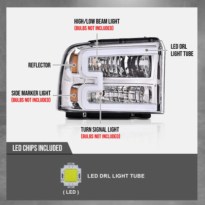G-PLUS LED DRL Headlight Assembly Compatible with Ford F250 F350 F450 F550 Super Duty 05-07 /Fit Ford Excursion 05 HeadLamps LH & RH Clear lens Chrome Housing White Reflector FO2503217 ‎6C3Z13008CB
