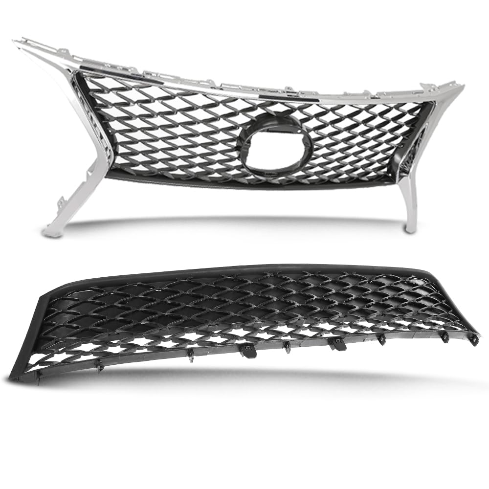 G-PLUS Front Upper Lower Grille 2pc Set Compatible with LX RX350 2013-2015 531120E110, LX1036108, 531010E150, LX1200178 Chrome Black