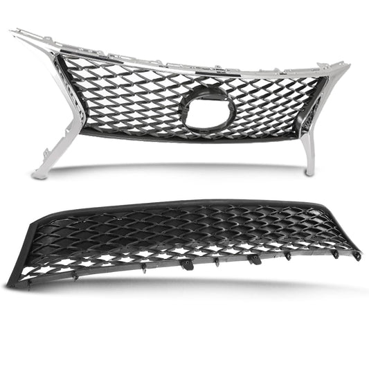 G-PLUS Front Upper Lower Grille 2pc Set Compatible with LX RX350 2013-2015 531120E110, LX1036108, 531010E150, LX1200178 Chrome Black