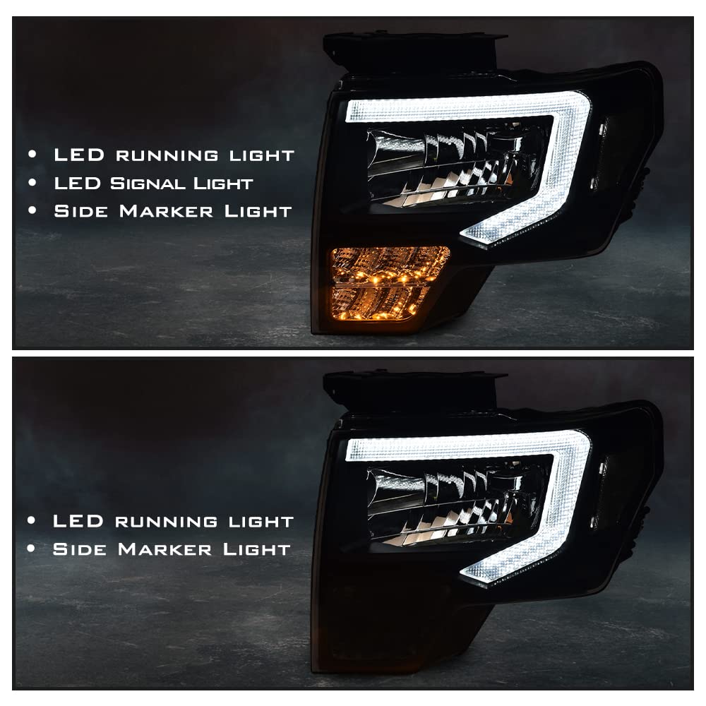 G-PLUS Headlights Assemblies LED Tube Compatible with Ford F150 2009-2014 Headlamps Driver Side & Passenger Side Clear Lens Black Housing Clear Reflector,faros delanteros