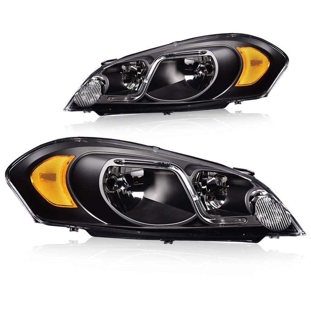 G-PLUS LED DRL Headlights Assembly, Fit 2006-2007 Chevy Monte Carlo/2006-2013 Chevy Impala/2014-2016 Chevy Impala Limited Bumper Headlamps, Clear Lens Black Housing Amber Reflector,faros delanteros