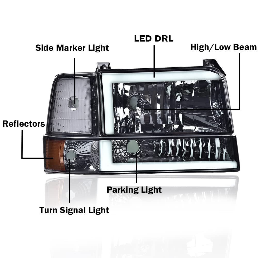 G-PLUS LED DRL Headlights, Fit 1992-1996 Ford Bronco F150 F250 F350,Fits Models with Halogen Headlights Only,Bumper Headlamps, Clear Lens Black Housing Clear Reflector,faros delanteros