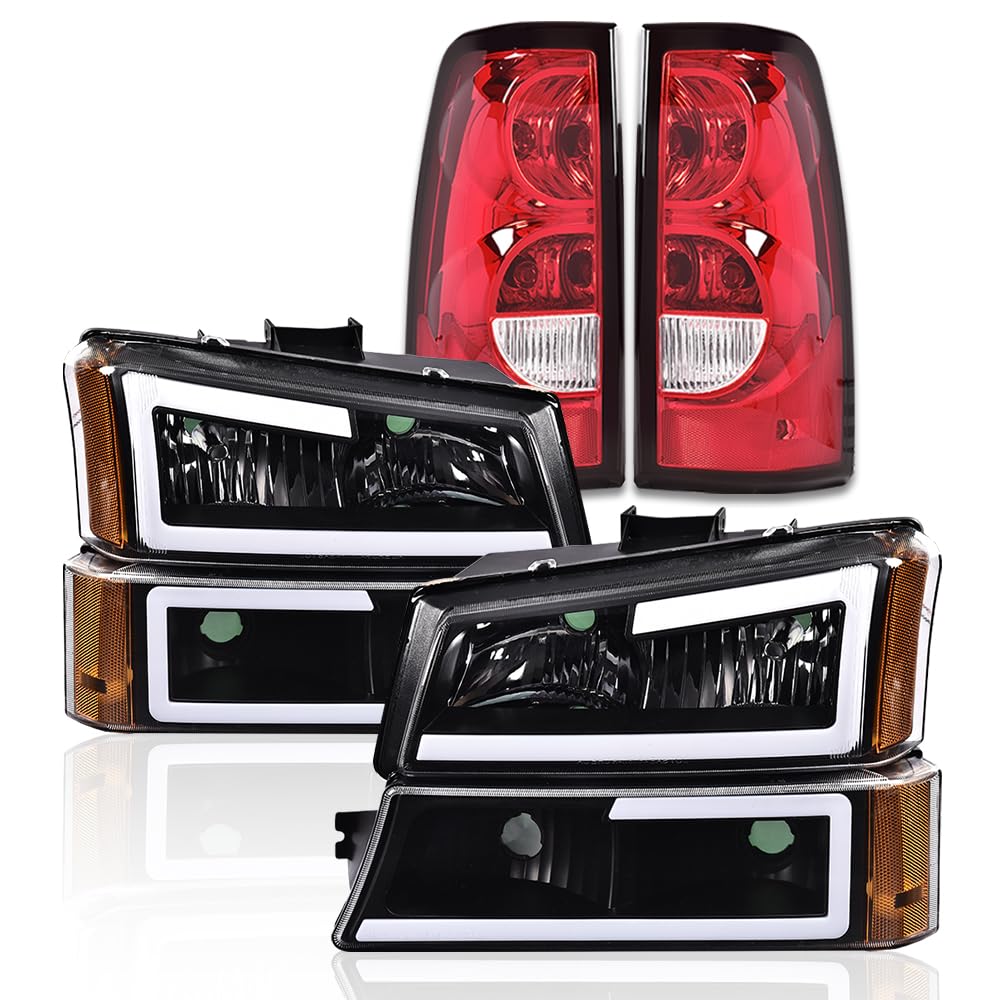 G-PLUS LED DRL Headlights Assembly & Tail Lights Fit Chevy Silverado 1500 1500 HD 2500 2500 HD 2003-2006, Clear Lens Black Housing Amber Reflector Headlamps Assembly Red Taillights