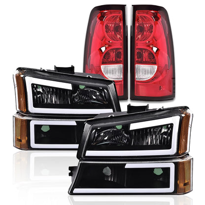 G-PLUS LED DRL Headlights Assembly & Tail Lights Fit Chevy Silverado 1500 1500 HD 2500 2500 HD 2003-2006, Clear Lens Black Housing Amber Reflector Headlamps Assembly Red Taillights