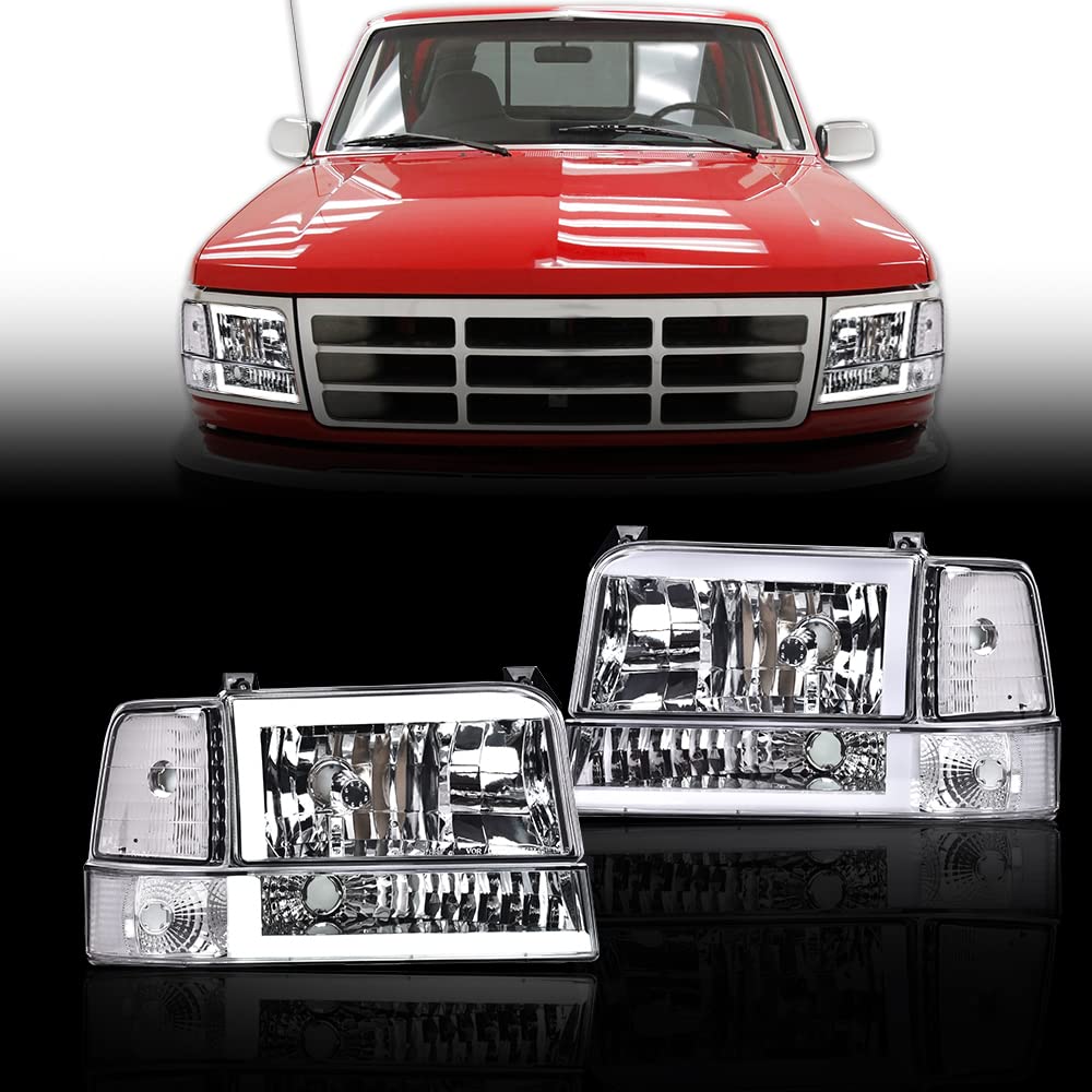 G-PLUS LED DRL Headlights, Compatible with 1992-1996 Ford Bronco F150 F250 F350(Fits Models with Halogen Headlights Only) Bumper Headlamp, Smoky lens Black Housing Clear Reflector