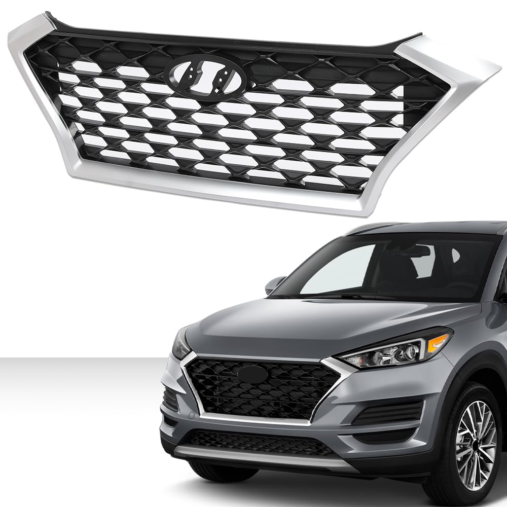 G-PLUS Front Upper Bumper Grille Chrome Gray & Black w/Black accents Compatible with Hyundai Tucson 2019 2020 2021 (For Models without Front Camera) HY1200225 86350D3500 86350-D3500