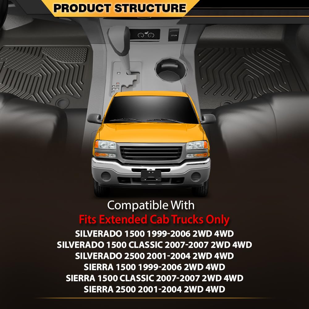 G-PLUS TPE Cargo Liners Compatible with 1999-2007 Chevy Silverado/GMC Sierra 1500 2500 (Fits Extended Cab Trucks Only) 3PCS Black Floor Liners 1st & 2nd Row All Weather Full Protection