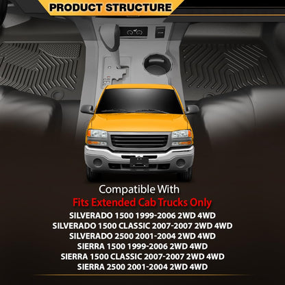 G-PLUS TPE Cargo Liners Compatible with 1999-2007 Chevy Silverado/GMC Sierra 1500 2500 (Fits Extended Cab Trucks Only) 3PCS Black Floor Liners 1st & 2nd Row All Weather Full Protection