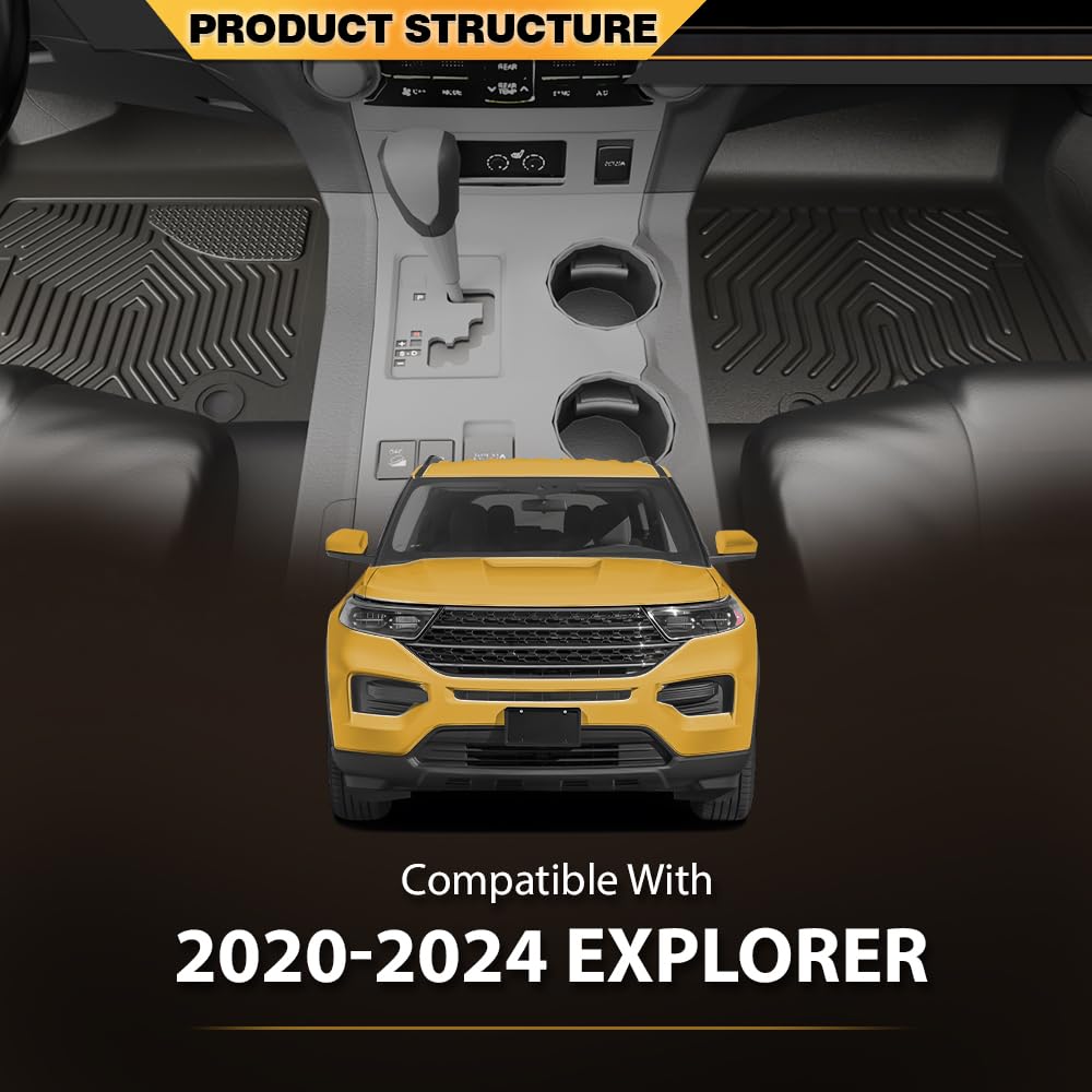 G-PLUS TPE Cargo Liners, Compatible with Ford Explorer 2020 2021 2022 2023 2024 2025, 1st & 2nd Row 3PCS, Black Floor Liner All Weather Full Cover Protection Interior Accessories