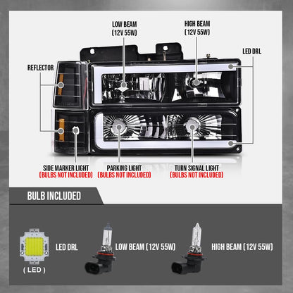 G-PLUS LED Headlights Fit GMC C1500 K1500 Yukon 1994-1999 / Fit GMC C2500 C3500 K2500 K3500 1994-2000 Clear Lens Black Housing Amber Reflector Headlamps,faros delanteros Assembly