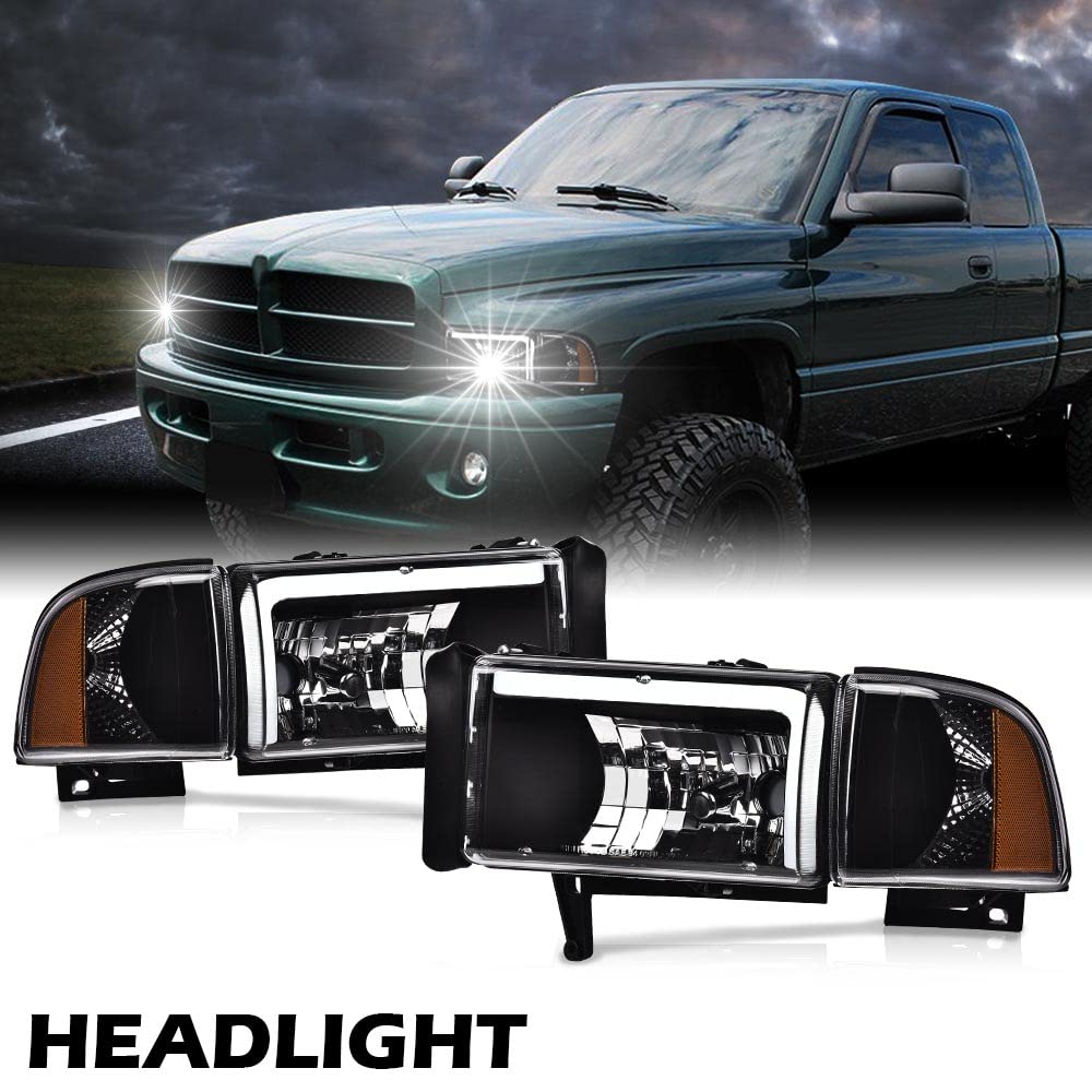 G-PLUS DRL LED Headlights Compatible with Dodge Ram 1500 1994-2001,Fit Dodge Ram 2500 3500 1994-2002(Not for Ram Sport) Headlamps Assembly w/o Bulbs Clear Lens Black Housing Amber Reflector