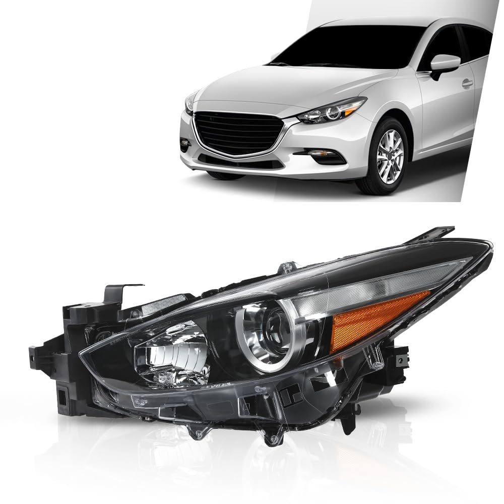 G-PLUS Projector Halogen Headlight LH Driver Side Compatible with Mazda 3 2017-2018 4-Door Sedan & Hatchback Clear Lens Black Housing Amber ReflectorBumper Headlamps,faros delanteros
